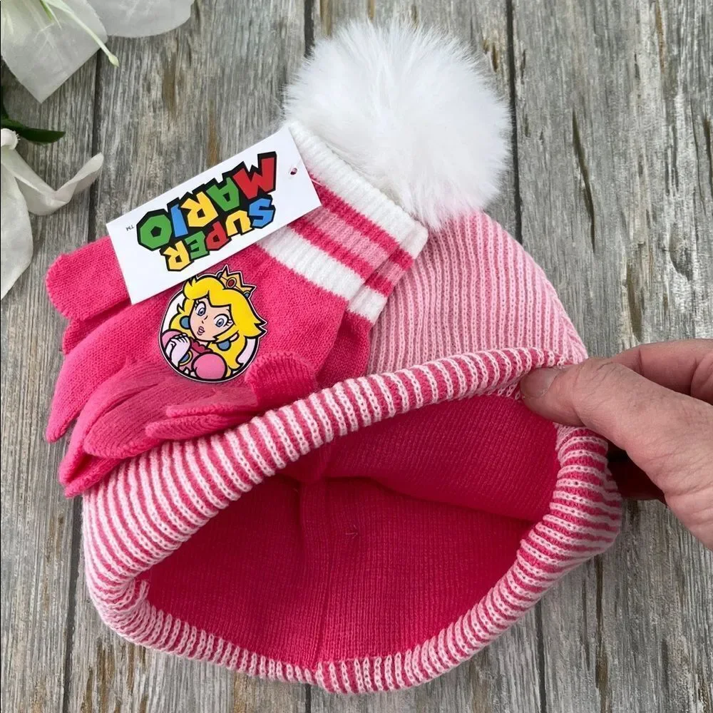 Girls Super Mario Princess Peach Pink Winter Hat and Gloves Set